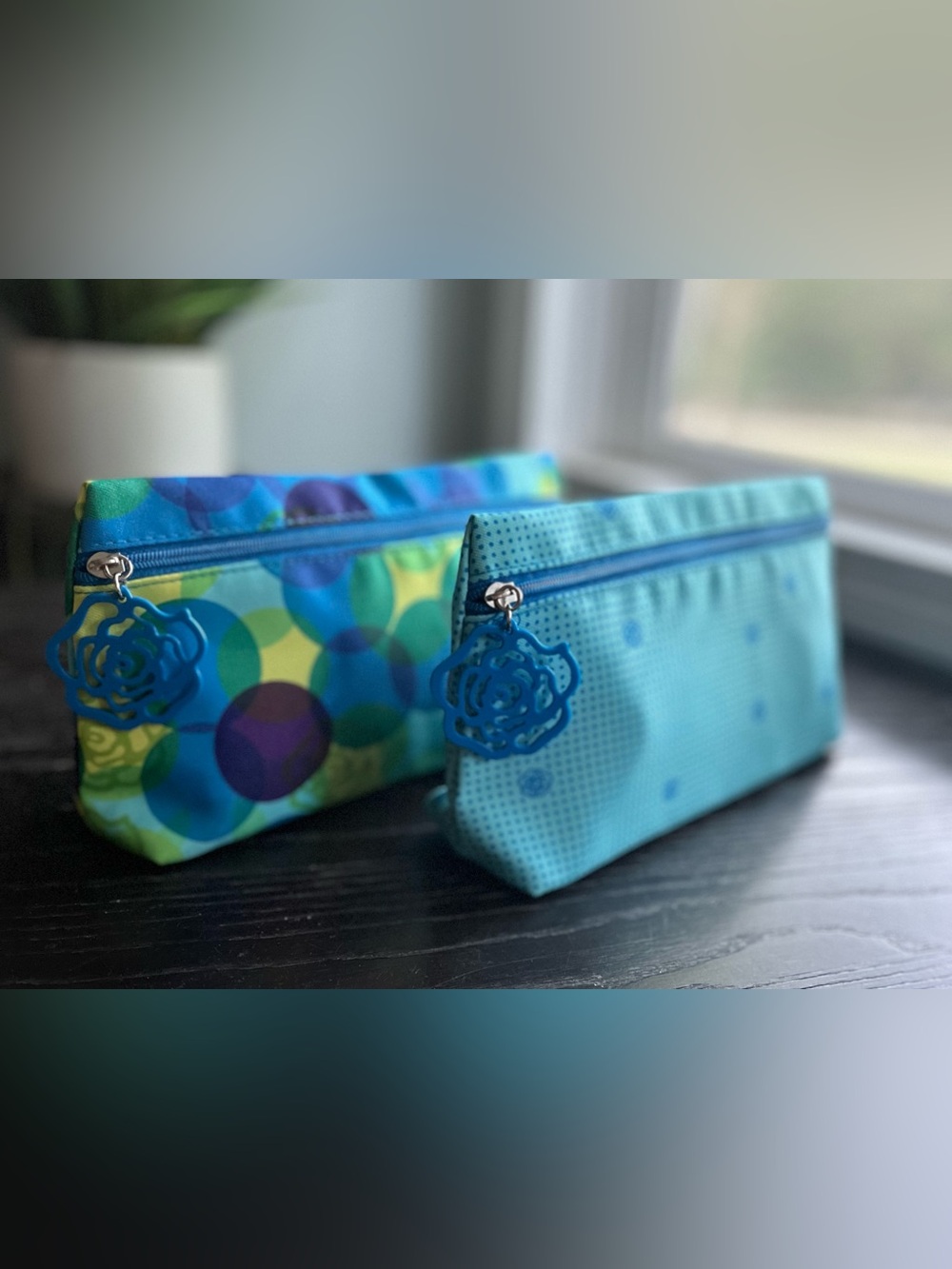 Lancome Blue & Teal Patterned Cosmetic Bags with Floral Zipper Pulls-2 Bags